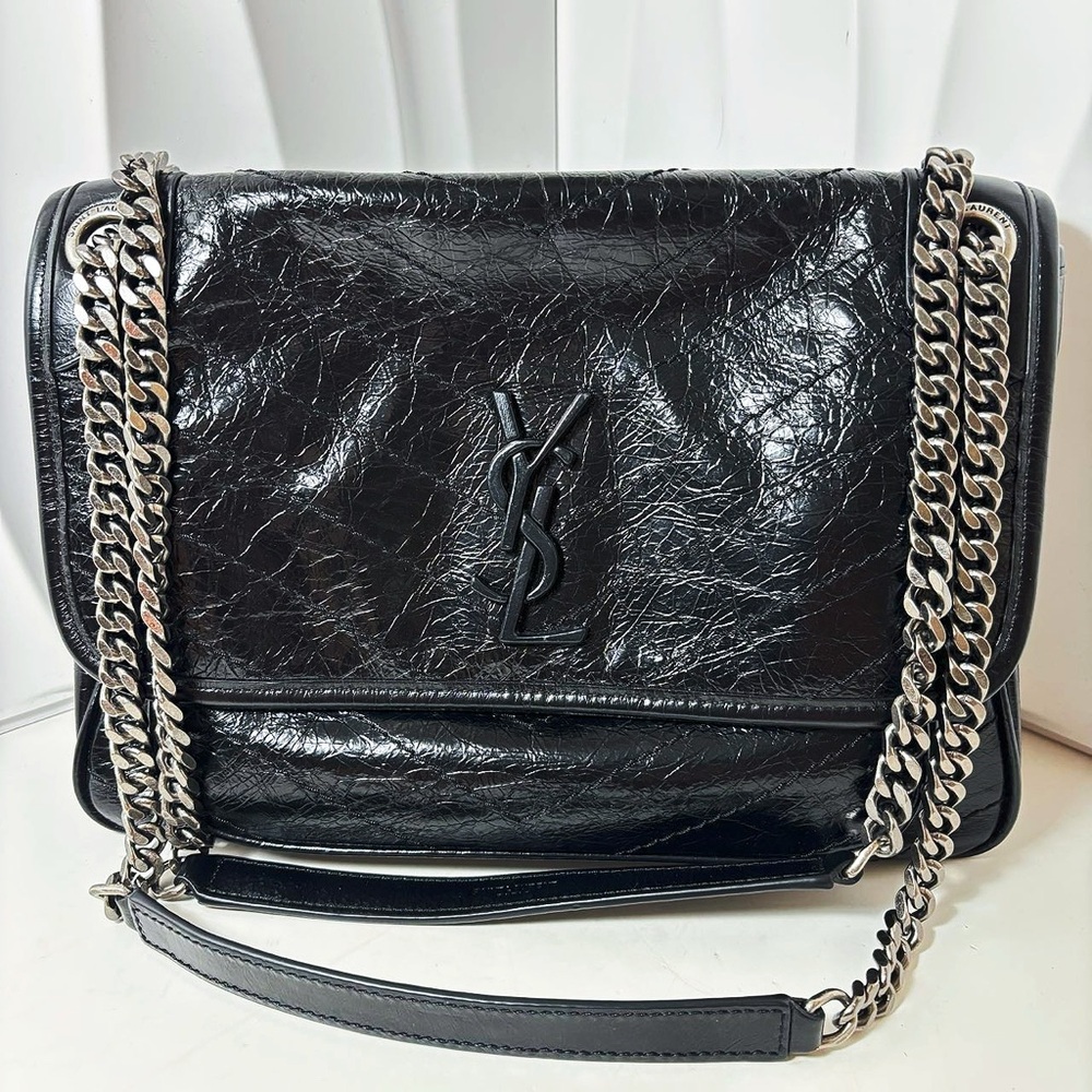Saint Laurent Black Crinkled Patent Leather Niki